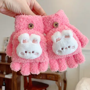 Guantes peludos rosados sin dedos con lindo diseño de conejo blanco otoño invierno niños.