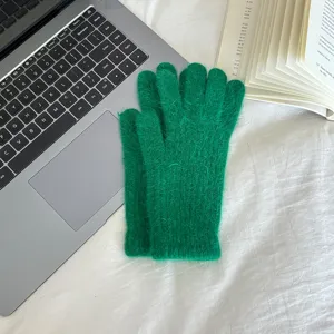 Green fuzzy knit gloves for women winter warm thermal five finger cozy daily wear soft style