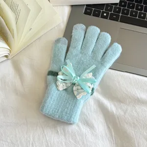 Blue knit touch screen gloves with cute lace bow, warm winter gloves for women daily wear.