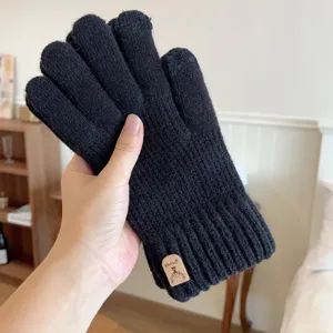 Men black knitted touch screen warm gloves autumn winter solid color full finger thermal gloves.
