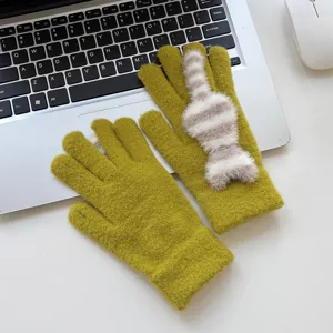 Cute furry cat striped warm winter knitted gloves for women, thick cold-proof thermal gear.