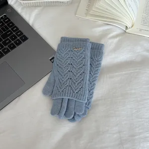 Blue knit gloves for women winter warm layered hollow out touch screen full finger