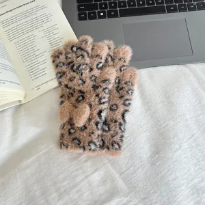 Stylish women's winter fluffy leopard print half finger gloves cute bow touch screen warm