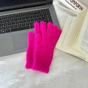 Dopamine pink women's plush knit touchscreen gloves, thick warm winter five-finger accessories.