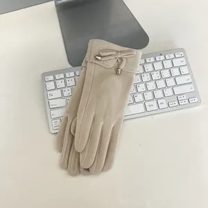 Women winter warm touch screen gloves, chic bow knot design, soft plush thermal full finger.
