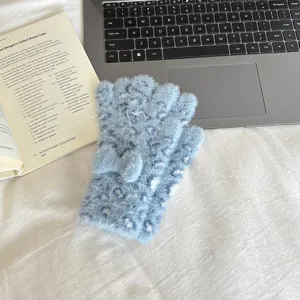 Cozy fuzzy blue leopard print bow gloves, soft winter faux mink warm fingerless gloves.