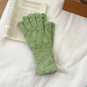 Women green speckled knit gloves winter warm thickened stretch cuff touchscreen cozy mitten