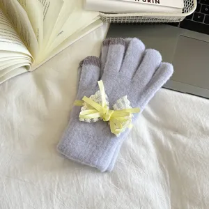 Women's winter knit touch screen gloves with cute lace bow, warm and stylish accessory.