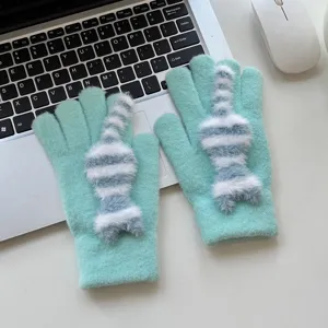 Cute striped cat warm gloves for women winter thermal soft knitted full finger gloves new.