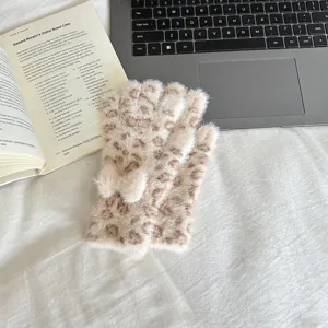 Leopard print plush gloves for women winter warm thick fluffy bow detail stylish accessory