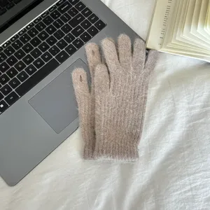 Women winter warm fluffy knit gloves touch screen thick solid color fashion thermal casual gloves