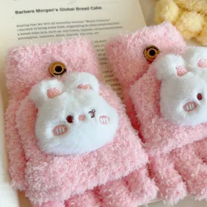 Lindos guantes de felpa rosados de medio dedo con solapa para invierno diseño de conejo cálido.