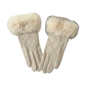 Women winter warm suede gloves with plush faux fur cuffs and elegant diamond quilting design