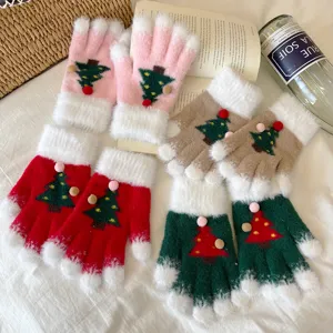 Cozy winter plush knitted touch screen gloves with cute Christmas tree patterns and warm cuffs.