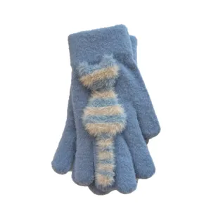 Cute striped cat winter warm gloves for women, thick knitted cold-weather thermal mittens.