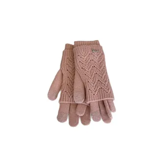 Pink knitted touchscreen gloves for women, winter warm thick hollow five-finger thermal mittens.