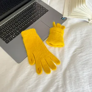 Dopamine women's rabbit hair winter warm thickened solid color touch screen gloves.