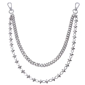 Detailed close-up view of double layer metal chain with spikes, punk style jeans accessory.
