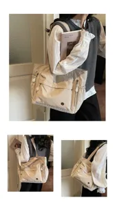 Beige nylon tote bag with multiple pockets, casual shoulder bag and commuter handbag for women.