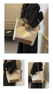 Canvas tote bag for women, large capacity shoulder bag with brown PU leather trim for daily commute.