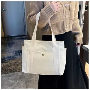 Leinwand-Tasche für Damen, große Umhängetasche Detailansicht mit Fronttasche für Alltag.