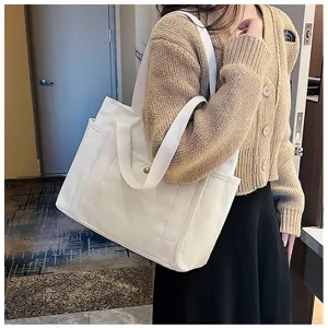 Große weiße Segeltuch Tragetasche für Damen, minimalistische Schulterhandtasche für Arbeit.