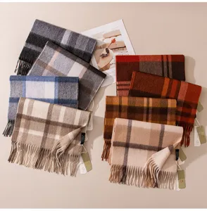 Winter warm cashmere feel plaid scarf for women, classic tassel design, cozy outdoor shawl.