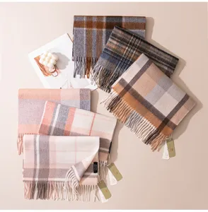 Winter women plaid cashmere scarf warm thick tassel shawl casual elegant neck wrap