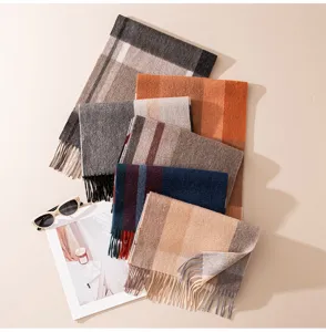 Autumn winter thick cashmere scarf classic plaid long fringe design cozy warm fashion neck wrap