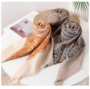 Vintage printed silk wool scarf women shawl wrap floral square neckerchief detail view
