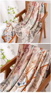 Luxurious silk wool square scarf featuring vintage stamp prints and elegant orange border.