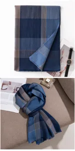Detailed view of the soft blue plaid cashmere feel scarf, warm winter shawl for daily wear.