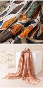 Detail de foulard en soie montrant texture imprimee florale et presentation elegante pour ete.