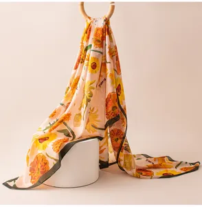 Floral printed silk scarf for women, elegant sunflower design lightweight neck scarf for all seasons.