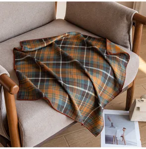 Detail view of the vintage plaid square scarf, showing the elegant geometric pattern and soft fabric texture.