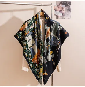 Elegant double-sided silk wool square scarf featuring artistic nautical ship and floral patterns for autumn.
