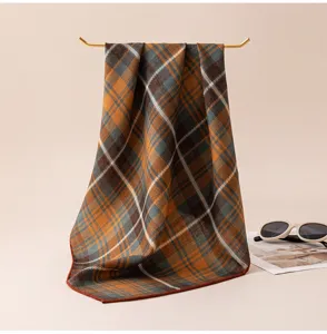 Autumn winter vintage plaid silk wool square scarf, classic British style neckerchief.