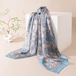 Foulard en soie à fleurs bleues, châle léger vintage pour femmes protection solaire printemps été.