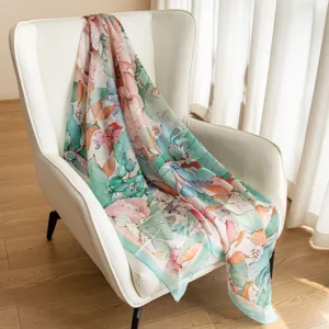 Elegant spring summer floral print silk scarf for women, versatile neck accessory.