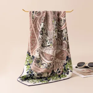 Retro printed square scarf for women, elegant silk wool neckerchief for stylish autumn looks.