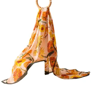Floral print silk scarf for women, elegant spring and summer decorative neckwear accessory.