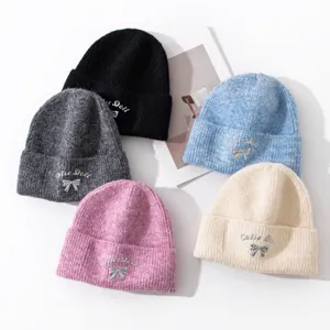 Women Winter Warm Knit Beanie Hat Wool Blend Soft Bowknot Embroidery Windproof Cuff Skull Cap Female Fashion Headwear