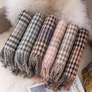 Women Fashion Elegant Houndstooth Tassel Scarf Warm Winter Shawl Soft Polyester Commuting Casual Neck Wrap