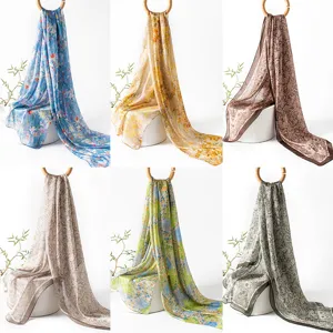 Elegant floral print long mulberry silk scarf for women, versatile high-end fashion neckerchief.