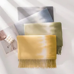 Women winter gradient tie-dye cashmere feel warm scarf fashion tassel fringe cozy shawl