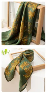Elegant green floral printed silk scarf for women, vintage style decorative neckerchief.