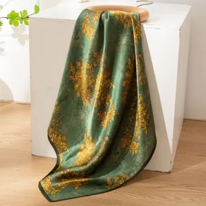 Luxury green printed silk scarf women elegant fashion floral neckerchief spring daily wear