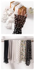 Women breathable sheer mesh sun protection sleeves detail view, lightweight UV blocking arm covers.