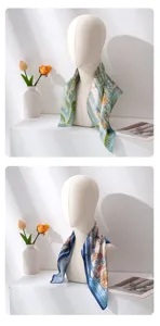 Close-up detail of luxury silk square scarf with elegant floral print, premium neckerchief accessory.