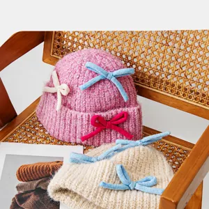 Gorro de punto grueso con lazo grande, gorro de invierno cálido forrado de felpa para mujer